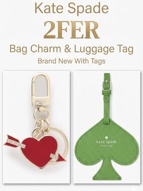 Kate Spade ♠️ Love Shack Red Heart Bag Charm & Green Spade Luggage Tag NWT 2FER